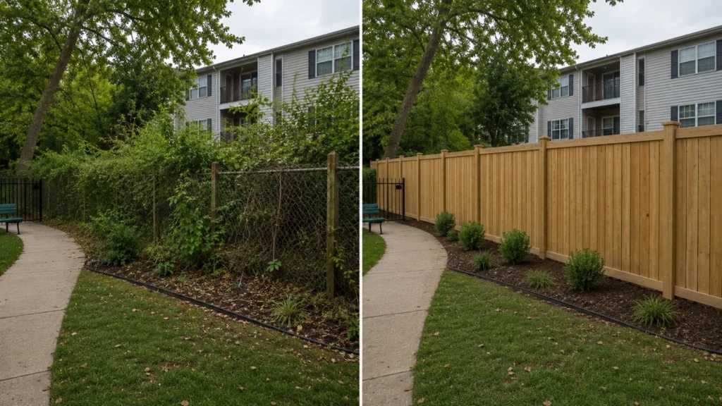 Before-and-after view of an apartment wood privacy fence walkway in Iowa City, Iowa.