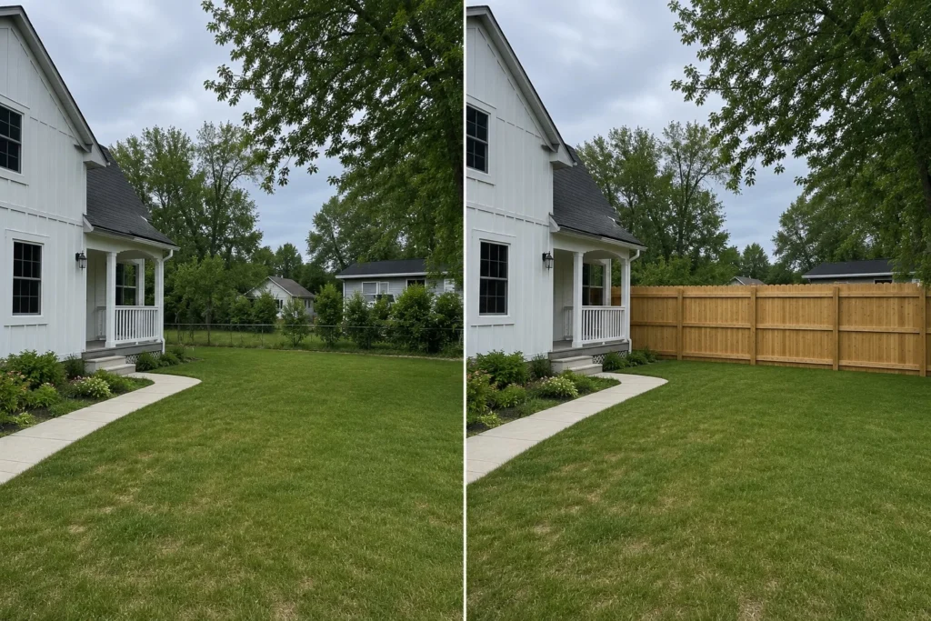 Before-and-after view of a backyard cedar privacy fence installation in Iowa City, Iowa.