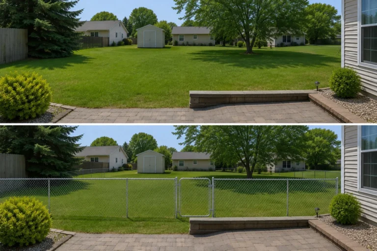 Before-and-after view of a backyard chain-link fence installation in Iowa City, Iowa.
