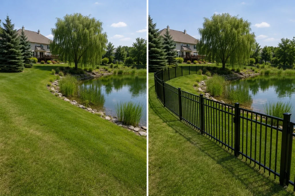Before-and-after view of a black aluminum pond safety fence installation in Iowa City, Iowa.