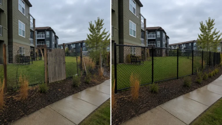 Before-and-after view of a black chain-link apartment landscape fence in Iowa City, Iowa.