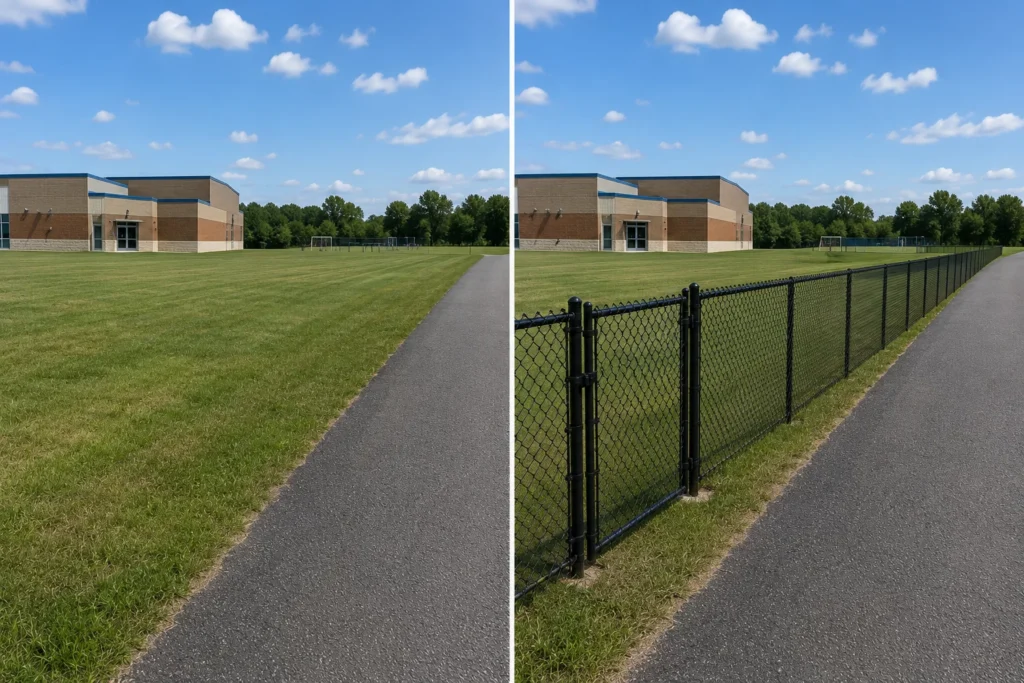Before-and-after view of a black chain-link commercial sidewalk fence installation in Iowa City, Iowa.