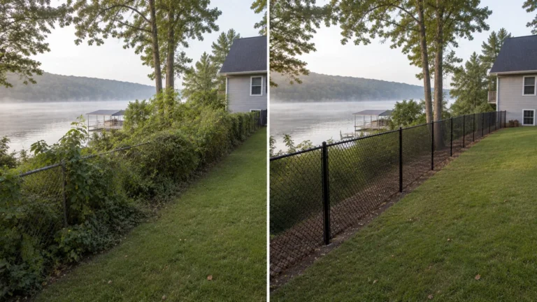 Before-and-after view of a black chain-link fence lakeside yard in Coralville, Iowa.