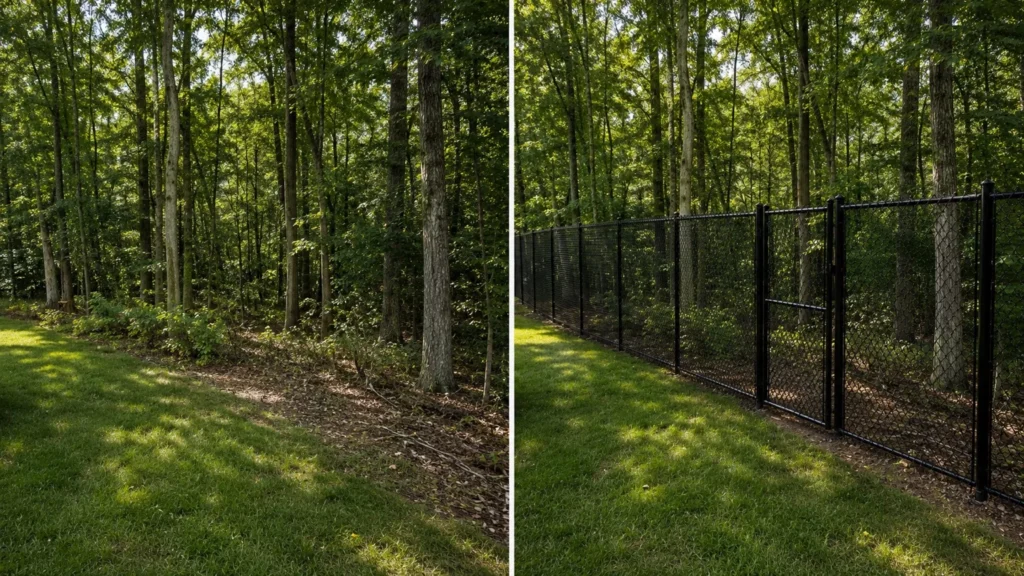 Before-and-after view of a black chain-link fence wooded backyard in Iowa City, Iowa.