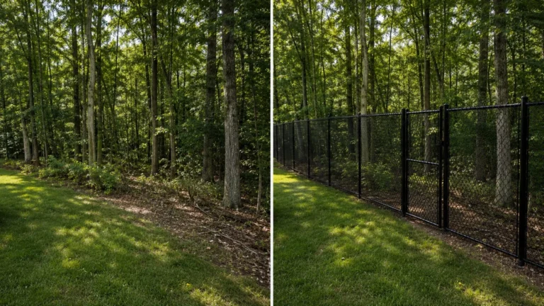 Before-and-after view of a black chain-link fence wooded backyard in Iowa City, Iowa.