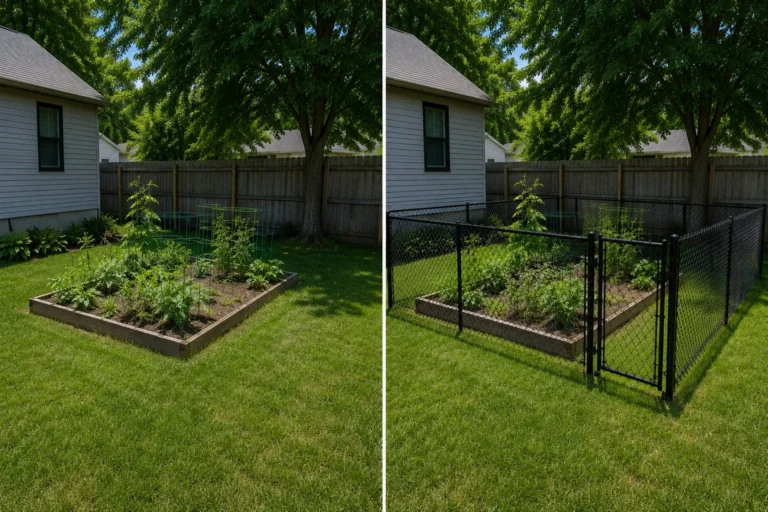 Before-and-after view of a black chain-link garden enclosure in Iowa City, Iowa.