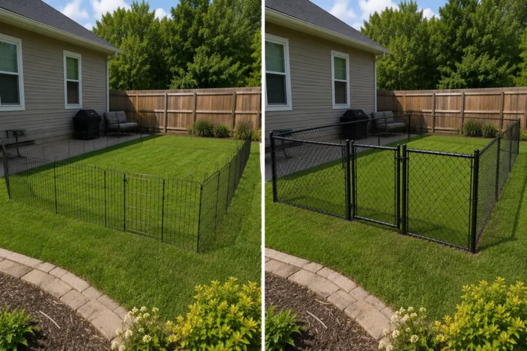 Before-and-after view of a black chain-link pet enclosure upgrade in Nichols, Iowa.