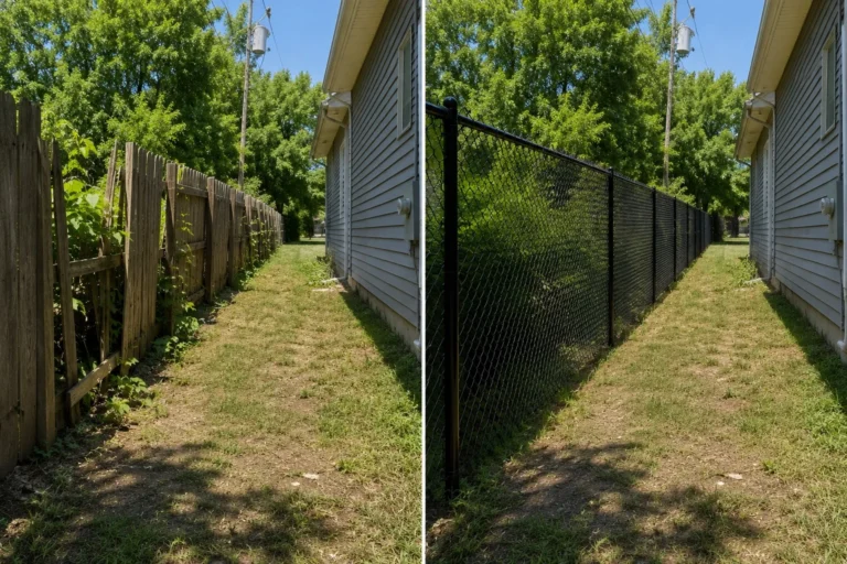 Before-and-after view of a black chain-link side yard fence replacement in Iowa City, Iowa.