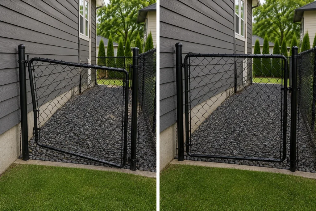 Before-and-after view of a black chain-link walk gate repair in Iowa City, Iowa.
