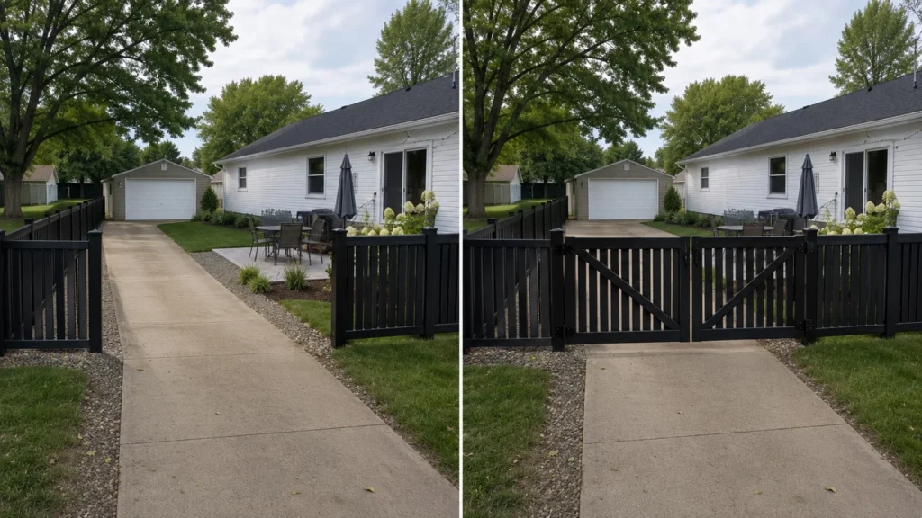 Before-and-after view of a black double gate residential driveway in Iowa City, Iowa.