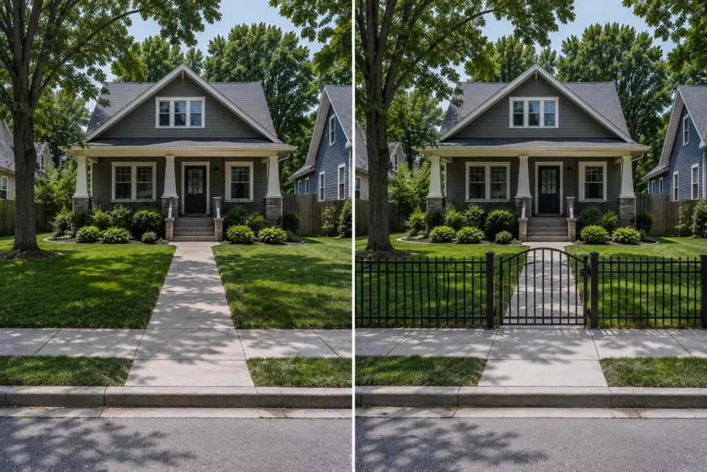 Before-and-after view of a black ornamental aluminum front yard fence in Iowa City, Iowa.