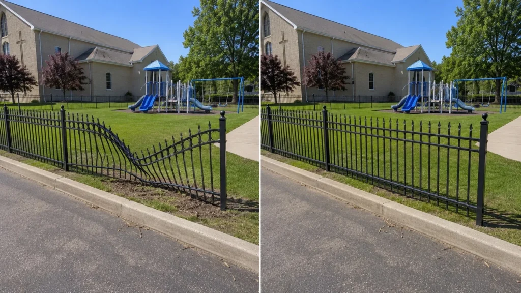 Before-and-after view of a black ornamental aluminum playground fence in Iowa City, Iowa.