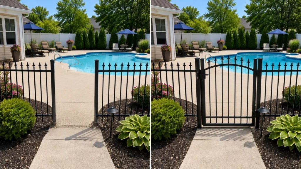 Before-and-after view of a black ornamental aluminum pool gate in Iowa City, Iowa.