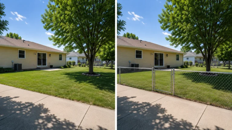 Before-and-after view of a black vinyl chain-link front yard fence installation in Iowa City, Iowa.