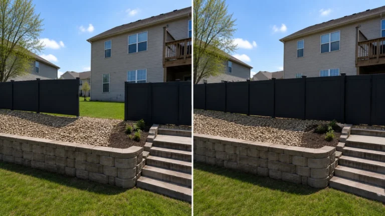 Before-and-after view of a black vinyl privacy fence retaining wall in Iowa City, Iowa.