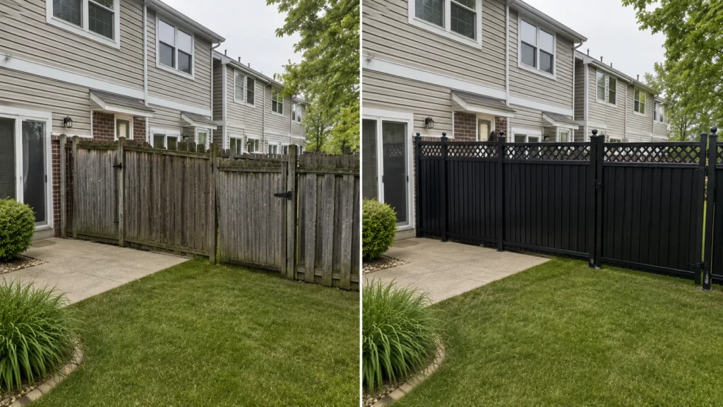 Before-and-after view of a black vinyl privacy fence townhome yard replacement in Iowa City, Iowa.