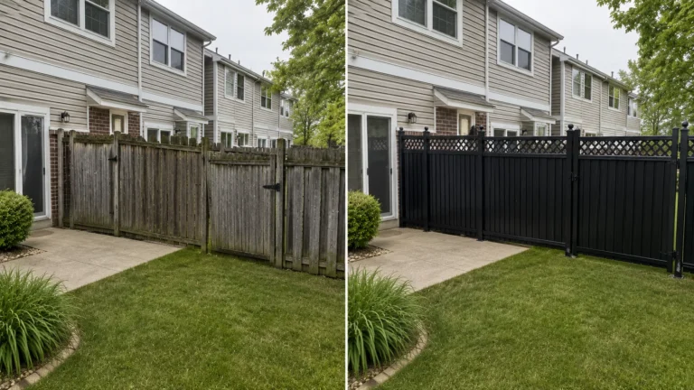 Before-and-after view of a black vinyl privacy fence townhome yard replacement in Iowa City, Iowa.