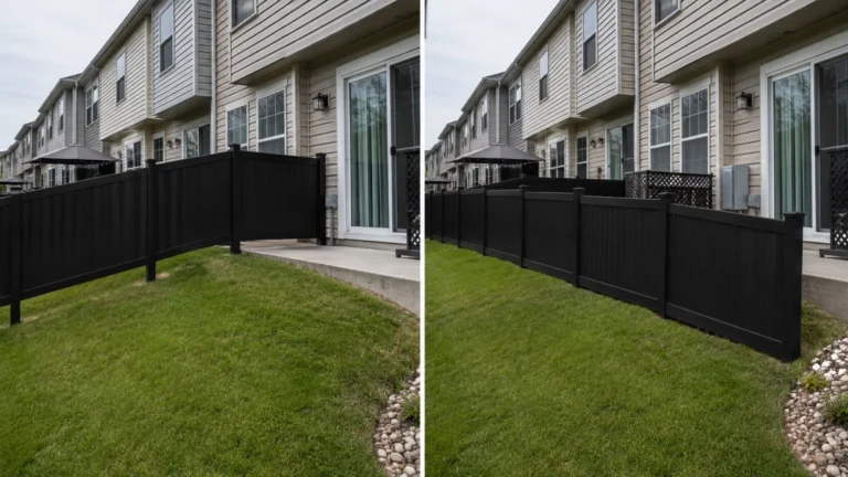 Before-and-after view of a black vinyl privacy fence townhomes in Iowa City, Iowa.