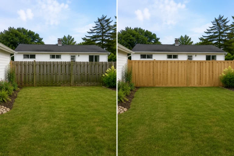Before-and-after view of a cedar privacy fence backyard replacement in Iowa City, Iowa.