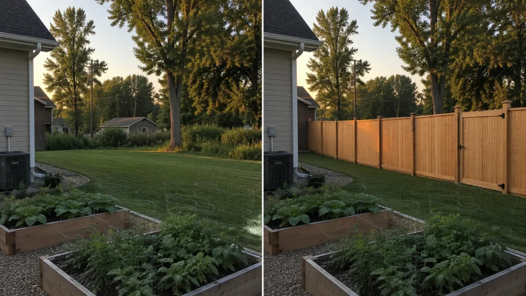 Before-and-after view of a cedar privacy fence garden yard installation in Iowa City, Iowa.