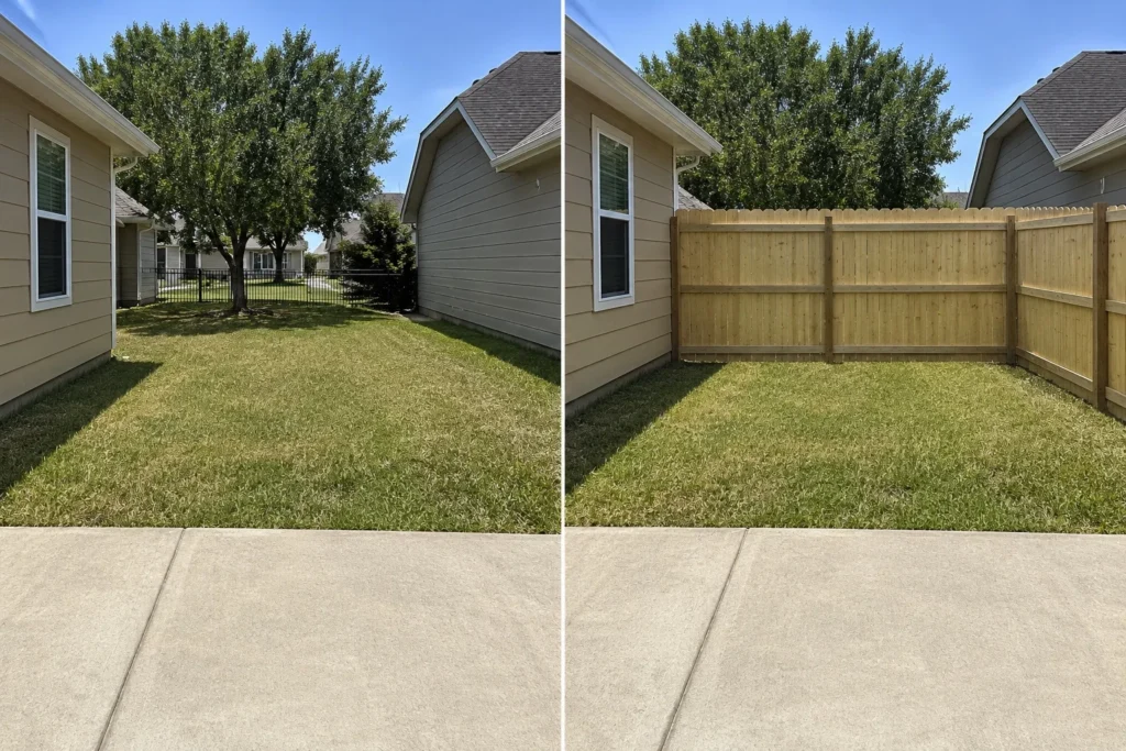 Before-and-after view of a cedar privacy fence installation between houses in North Liberty, Iowa.