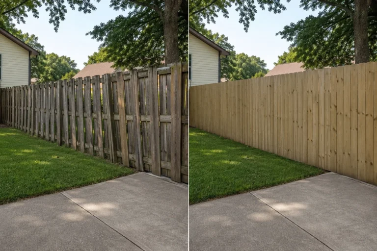 Before-and-after view of a cedar privacy fence replacement in Nichols, Iowa.