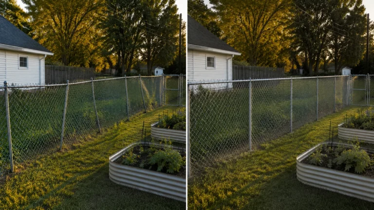 Before-and-after view of a chain-link backyard fence straightening in Johnson County, Iowa.