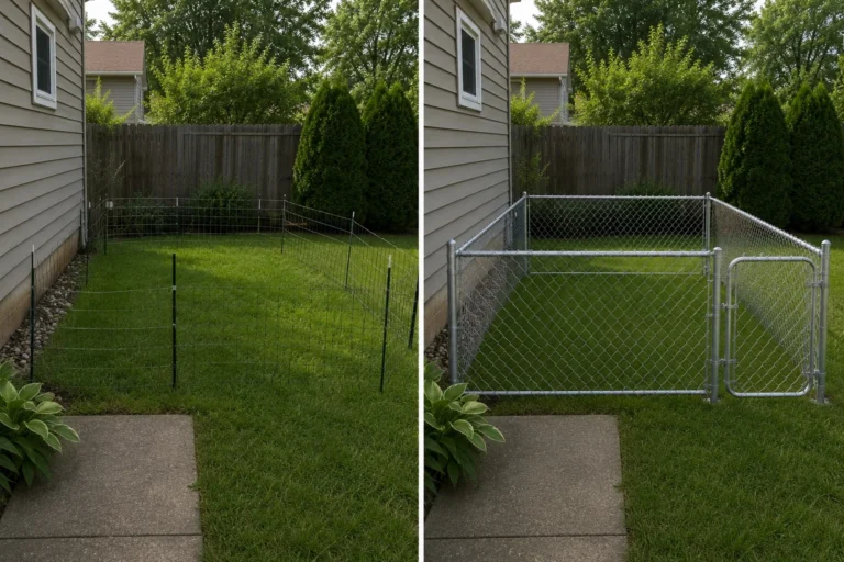 Before-and-after view of a chain-link dog run installation in Iowa City, Iowa.