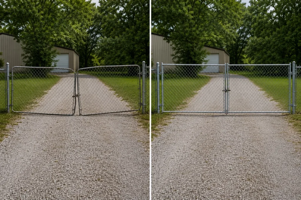 Before-and-after view of a chain-link double driveway gate repair in Iowa City, Iowa.