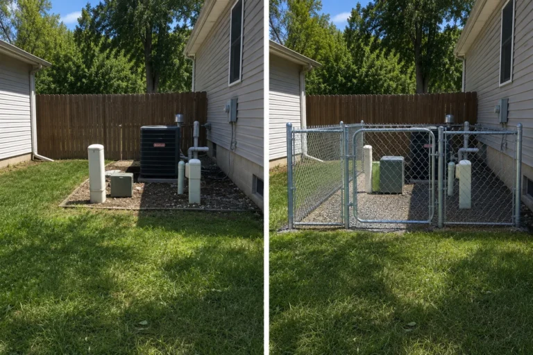 Before-and-after view of a chain-link equipment enclosure installation in Solon, Iowa.