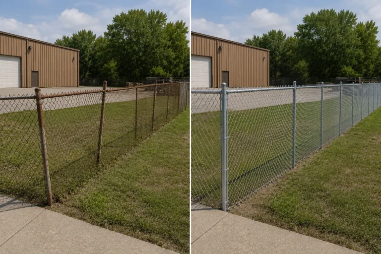 Before-and-after view of a chain-link fence replacement in Johnson County, Iowa.