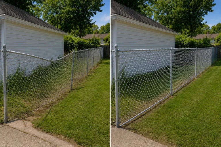 Before-and-after view of a chain-link fence straightening in West Liberty, Iowa.