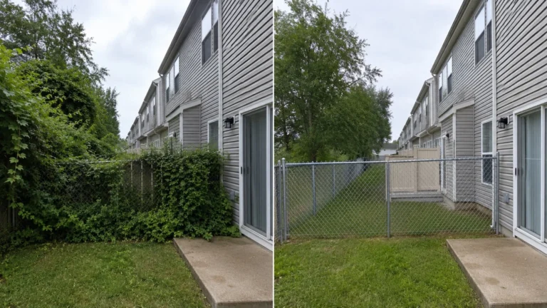 Before-and-after view of a chain-link fence townhome yard cleanup in Tiffin, Iowa.