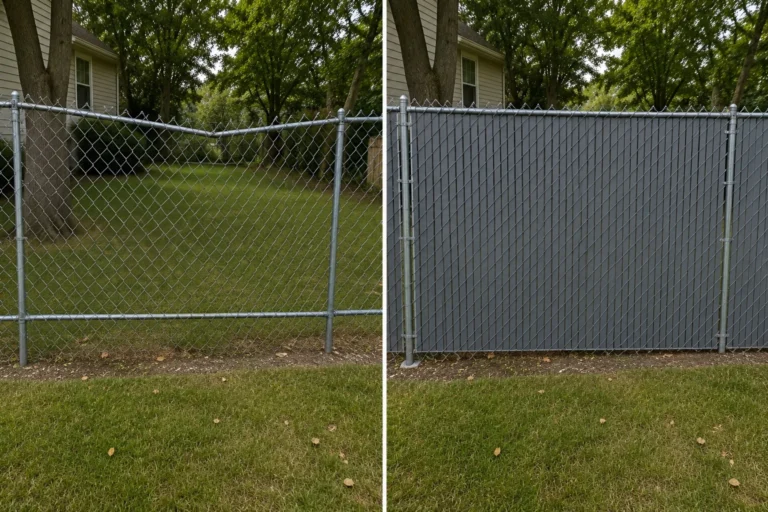 Before-and-after view of a chain-link privacy slat fence installation in Swisher, Iowa.