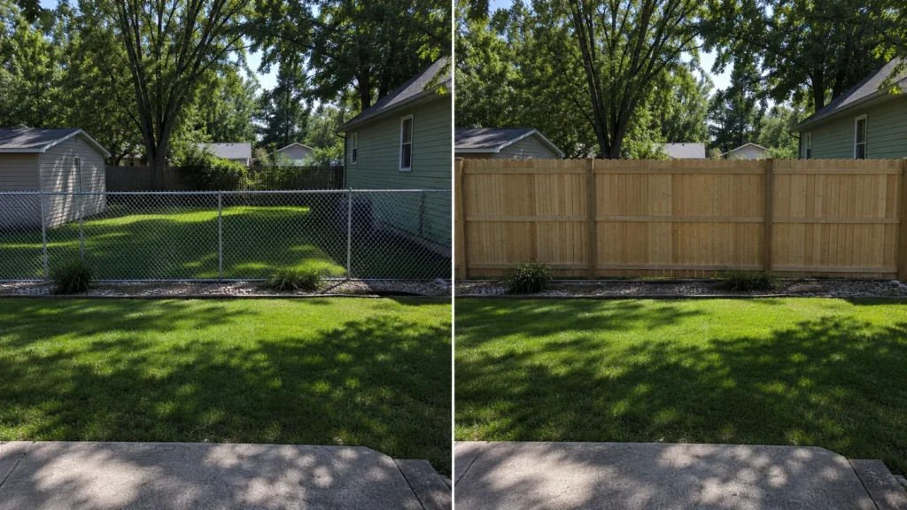 Before-and-after view of a chain-link to cedar privacy fence replacement in Iowa City, Iowa.