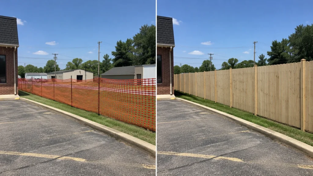 Before-and-after view of a commercial cedar privacy fence replacement in Iowa City, Iowa.