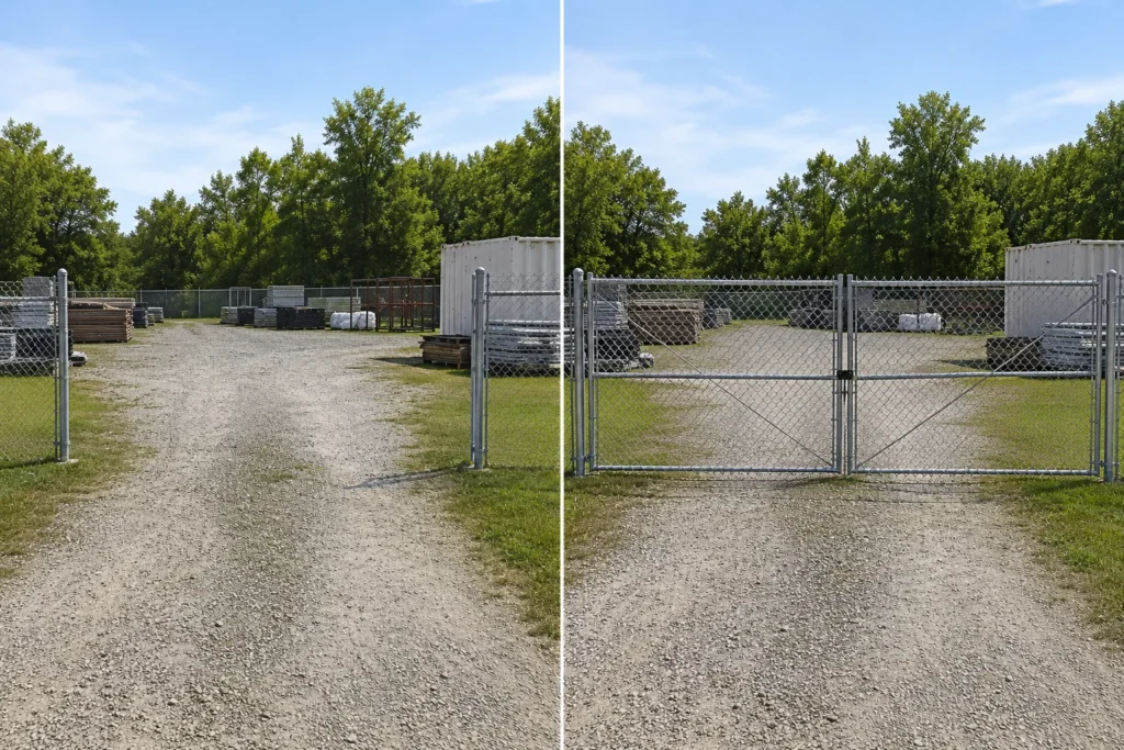 Before-and-after view of a commercial chain-link storage-yard double-drive gate installation in Iowa City, Iowa.