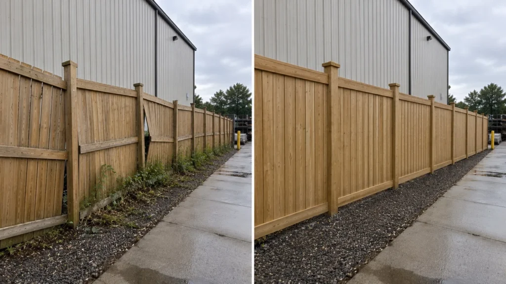 Before-and-after view of a commercial wood privacy fence replacement in Tiffin, Iowa.
