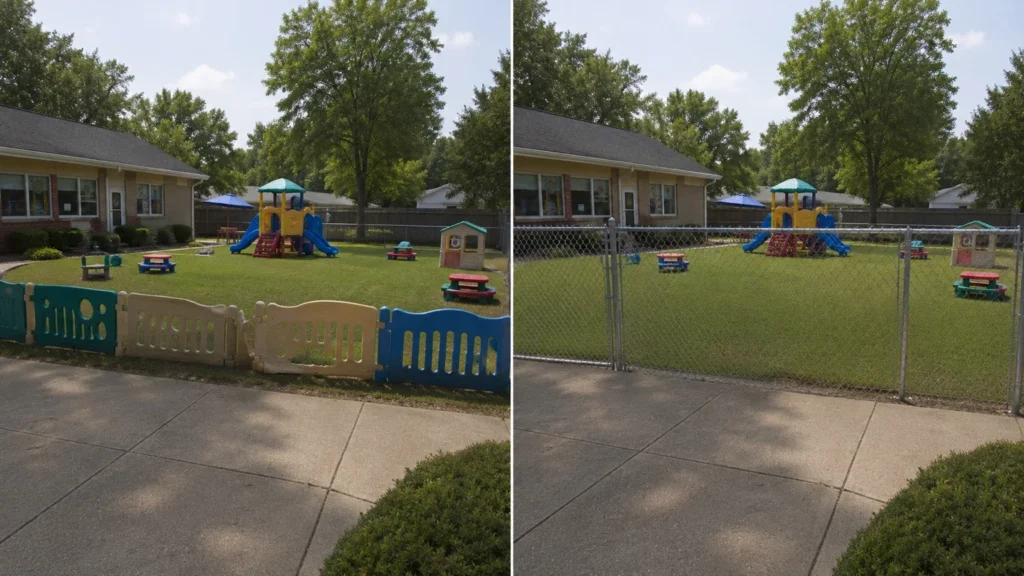Before-and-after view of a daycare chain-link playground fence upgrade in Iowa City, Iowa.
