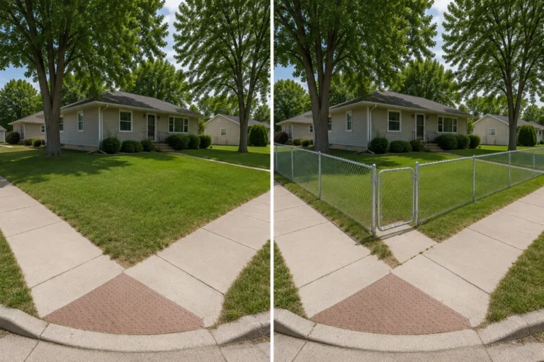 Before-and-after view of a front corner chain-link fence installation in Coralville, Iowa.