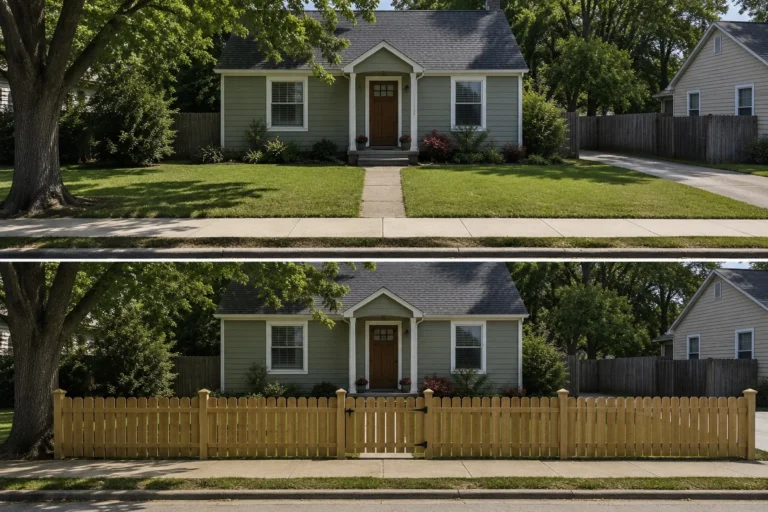 Before-and-after view of a front yard cedar picket fence installation in Amana, Iowa.