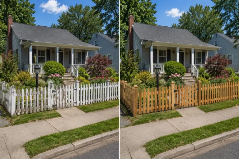 Before-and-after view of a front yard wood picket fence in Hills, Iowa.