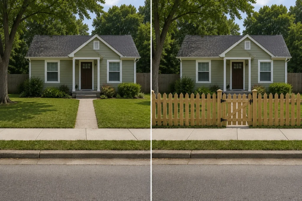 Before-and-after view of a front yard wood picket fence installation in Iowa City, Iowa.