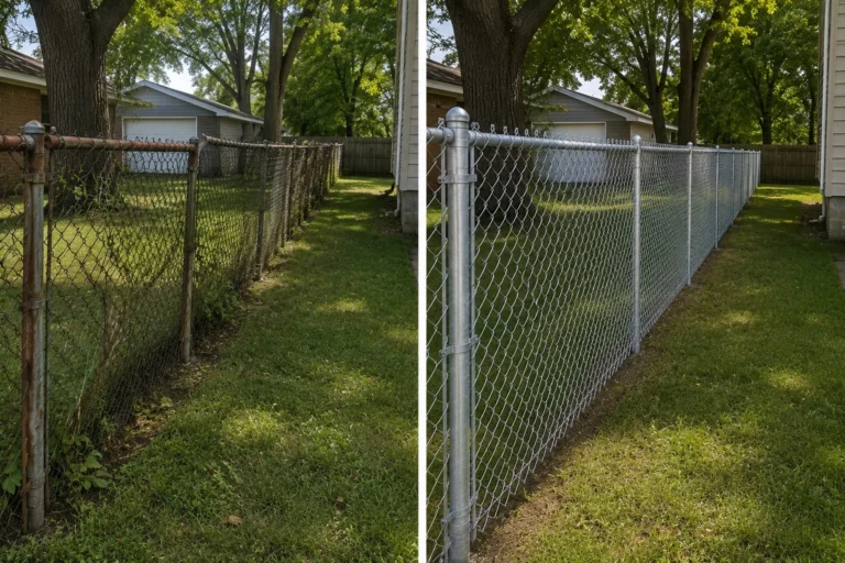 Before-and-after view of a galvanized chain-link fence replacement in Iowa City, Iowa.