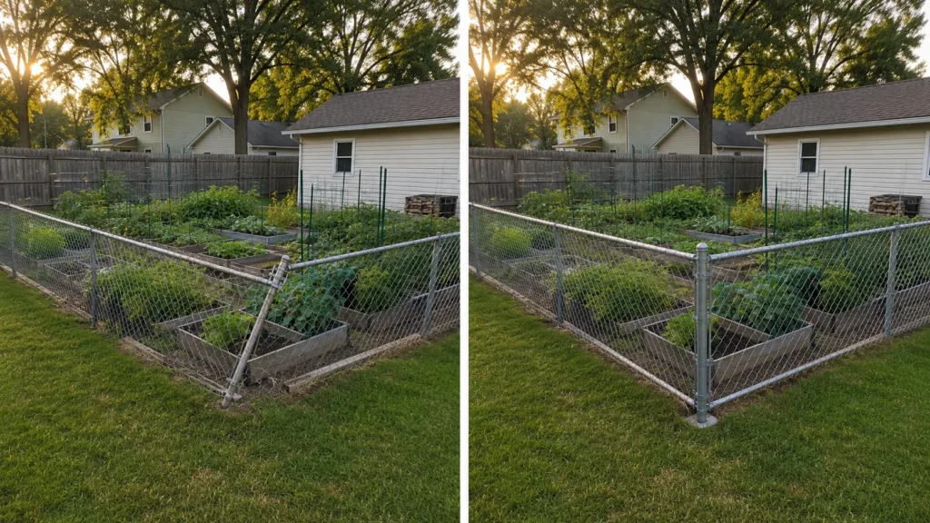 Before-and-after view of a galvanized chain-link garden enclosure repair in Iowa City, Iowa.