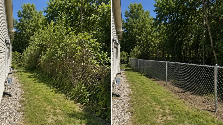 Before-and-after view of a galvanized chain-link side yard fence replacement in Iowa City, Iowa.