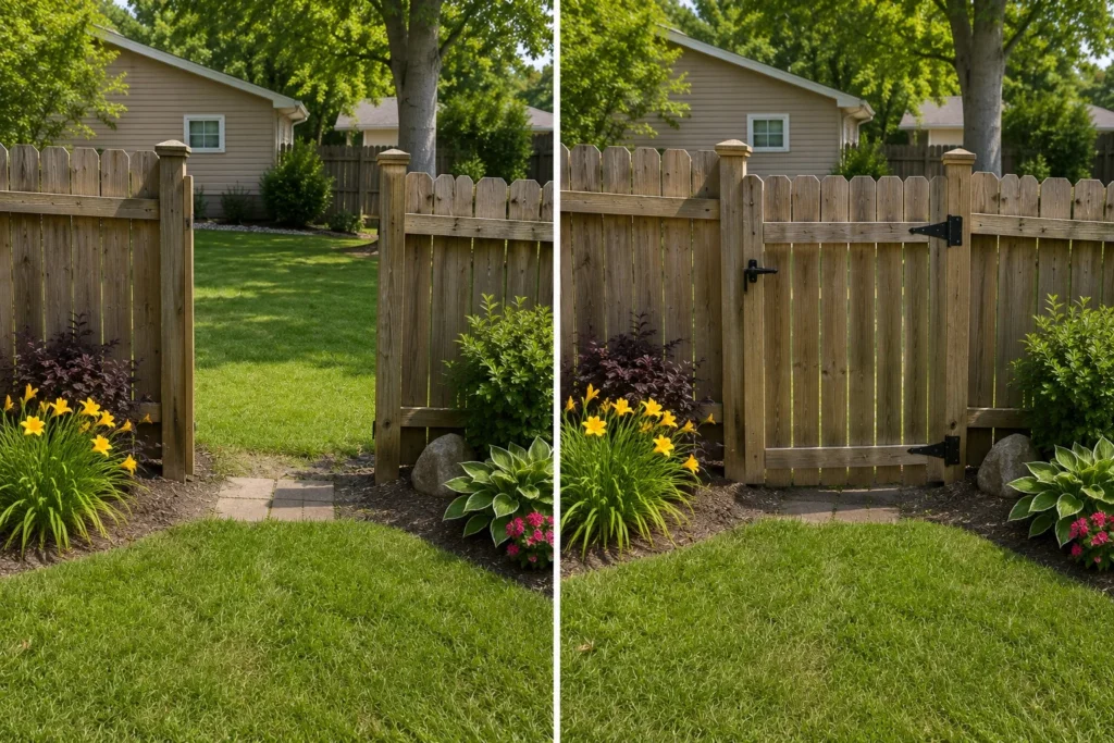 Before-and-after view of a garden wood gate installation in Iowa City, Iowa.
