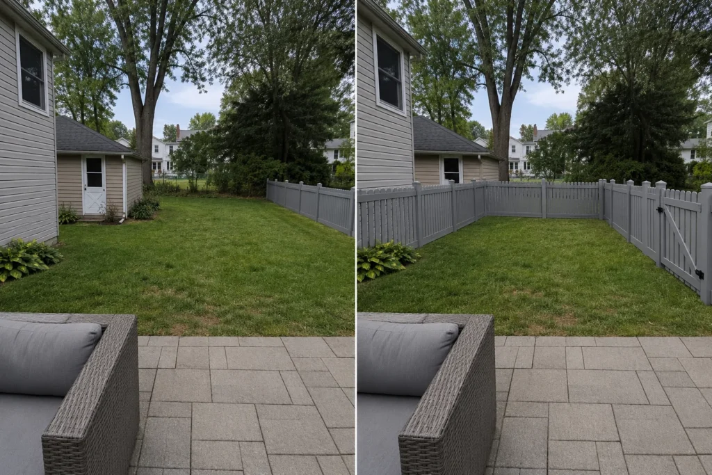 Before-and-after view of a gray vinyl backyard privacy fence installation in North Liberty, Iowa.