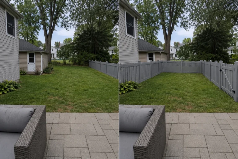 Before-and-after view of a gray vinyl backyard privacy fence installation in North Liberty, Iowa.