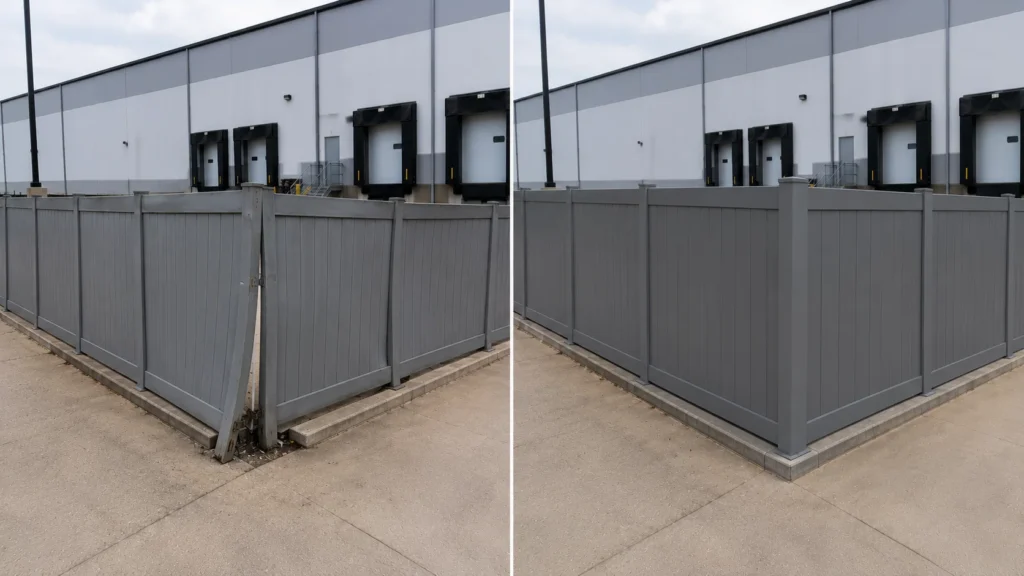 Before-and-after view of a gray vinyl commercial dumpster enclosure restoration in Iowa City, Iowa.